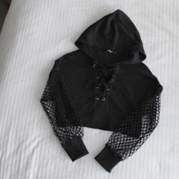 Fashion Nova Tops - Fashion Nova Festival Crop Fishnet Lace-Up Hoodie